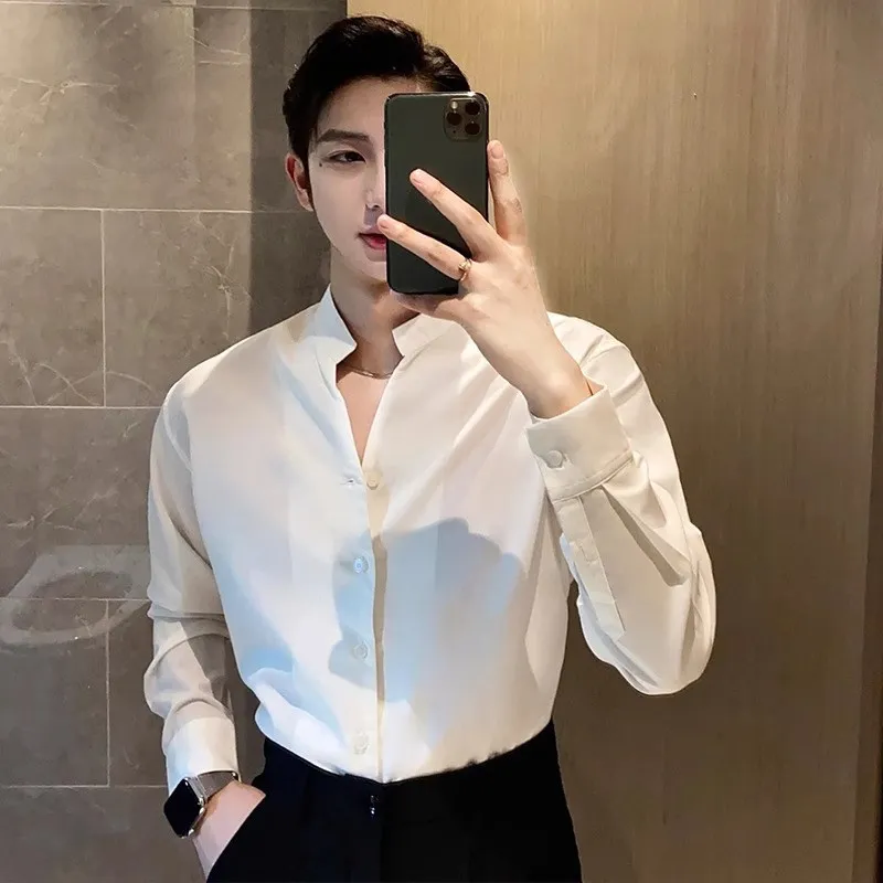 

Ele White Stand Collar Long Sve Men's irt Casual Inner Wear Polyester Fiber Stand Fit Iron Free Trendy Youth irt