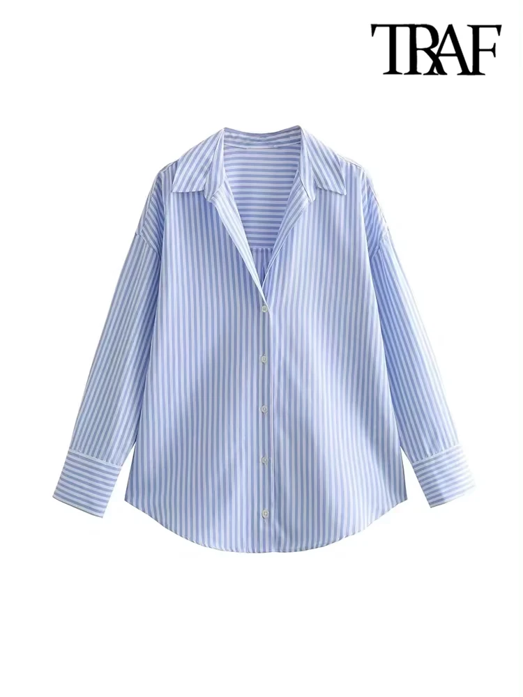 TRAF-Loose Asymmetric Shirts for Women, Long Sleeve, Front Button, Female Blouses, Chic Tops, Fashion