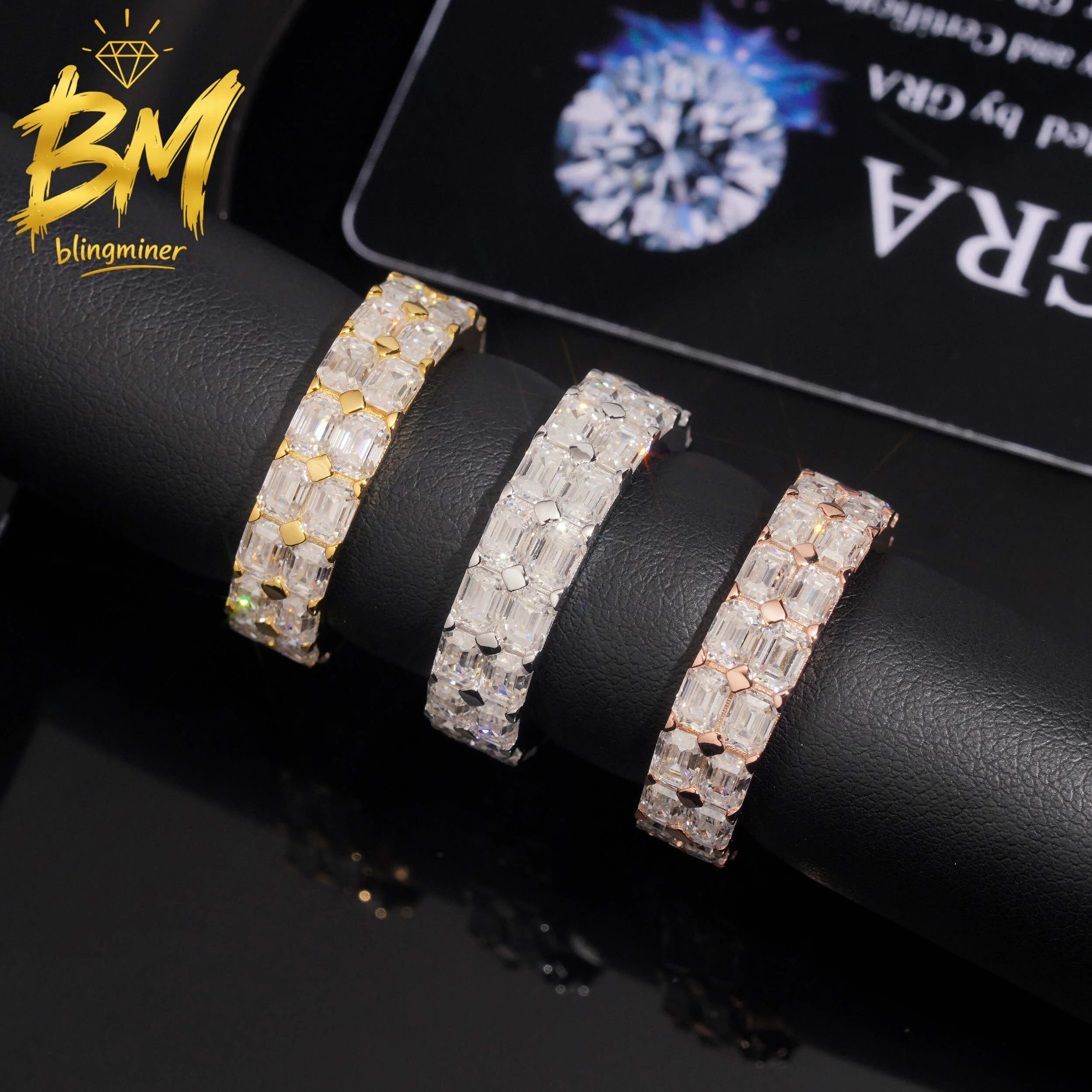 Blingminer Emerald Cut VVS Moissanite Rings For Men Women S925 Silver Finger Jewelry Pass Diamonds Tester GRA Free Shipping