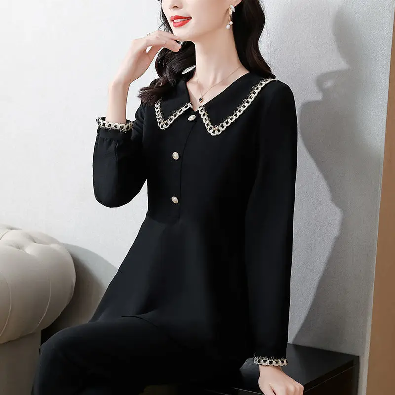 Fashion Women\'s Solid Color Peter Pan Collar Blouse Spring Autumn New Elegant All-match Slim Long Sleeve Shirt Female Clothing