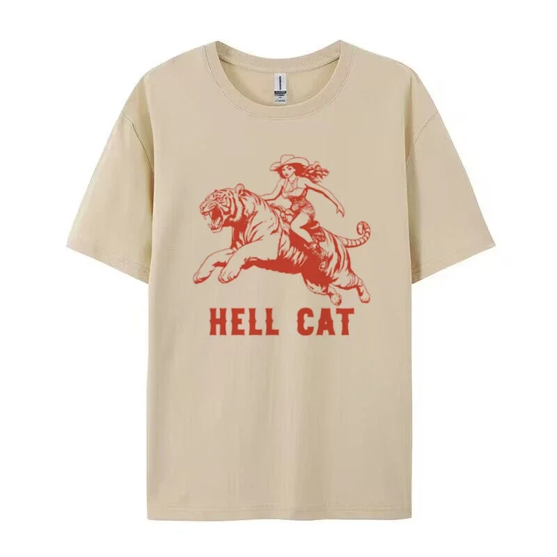 Hell Cat Tiger Print Graphic Tees Women Hippie Funny T Shirt Vintage Western Cowgirl Tshirts Female Aesthetic Retro Boho Tops