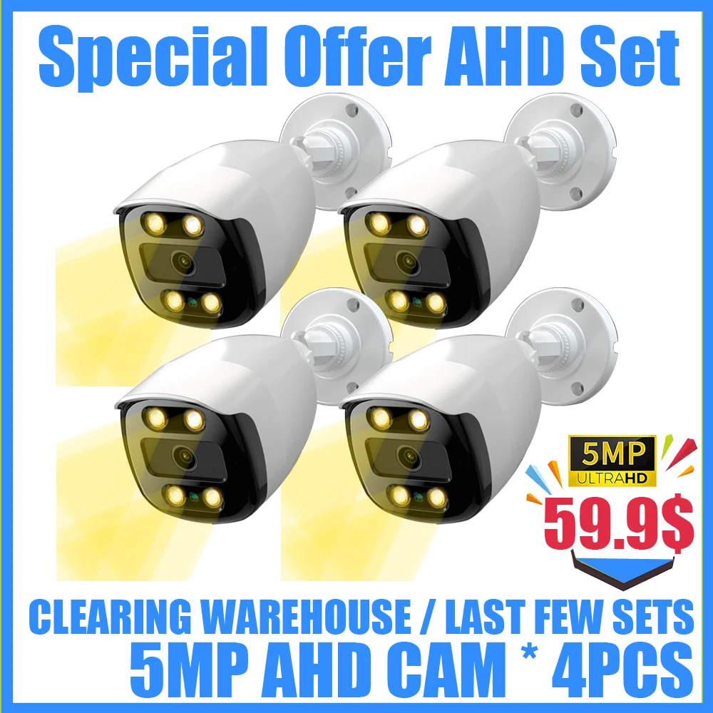 

4PCS Suit 5MP 4CH CCTV System 24H Full Color AHD Camera KIT Auto Luminous LED 4in1 OSD Menu 4MP 5M-N Home Security Set Outdoor