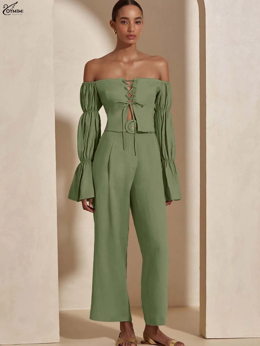

Oymimi Fashion Green Slim Woman 2 Piece Set Outfit Elegant Strapless Long Sleeve Lace-Up Tops And Simple Straight Trousers Sets