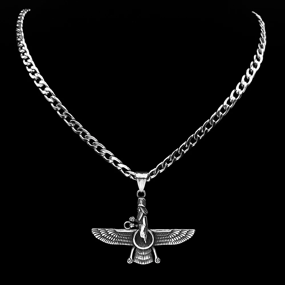 Collar con símbolo de Persia Farvahar Ahura, collar zoroastriano para mujeres y hombres, amuleto antiguo de acero inoxidable, joyería con cadena, colar NZZ420S2