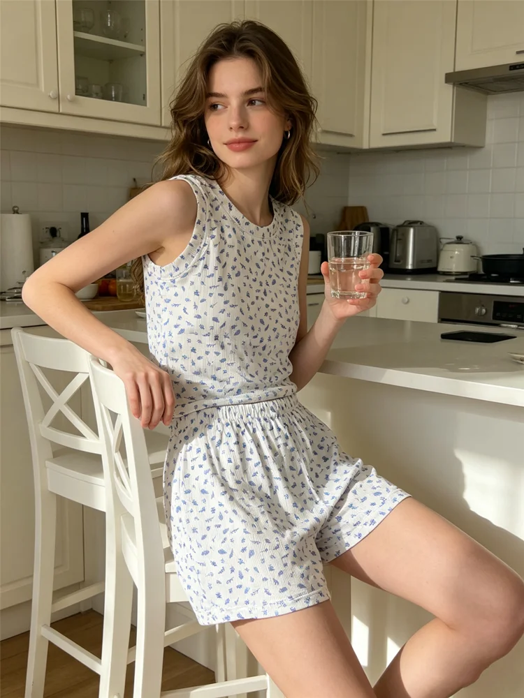 European American spring and summer new casual printed soft vest shorts pajamas two-piece home suit women Home-based casual wear