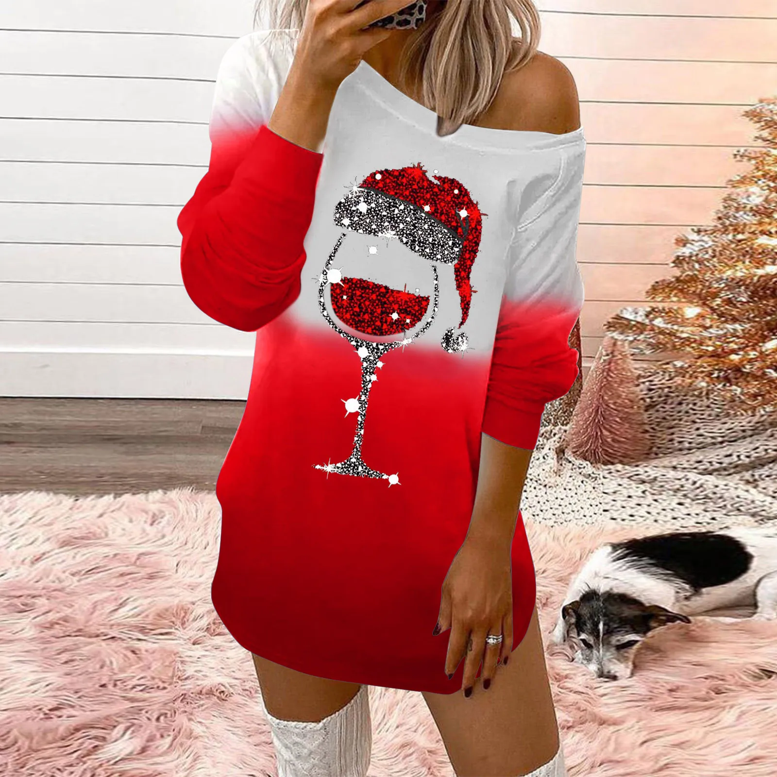 For Women\'s Autumn Winter Long-sleeved Casual Pullover Dresses Mini Party Dress Clothing Christmas Sexy Off Shoulder Dress