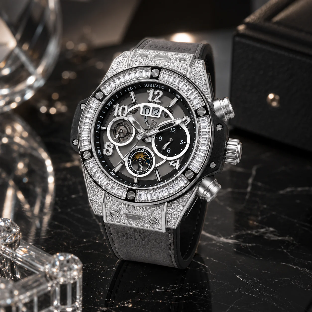 OBLVLO Men's Full Diamond Bezel Multi-layer Dial Mechanical Watch Date Display Multi-function Leather Automatic Movement HM-BGT