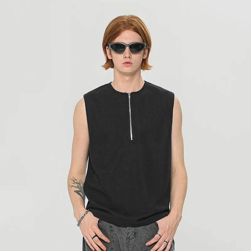 American Waffle 270g heavy sleeveless vest men's European T-shirt fashion brand half zip T-shirt vest