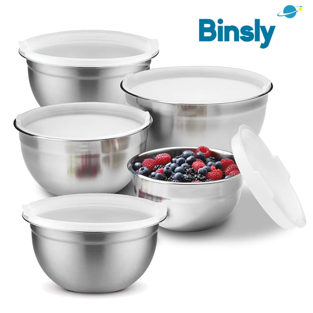 

5-Piece Mixing Bowl Set Stainless Steel With Plastic Air-tight Cover Round Metal Salad Bowl Food Storage Container for Kitchen