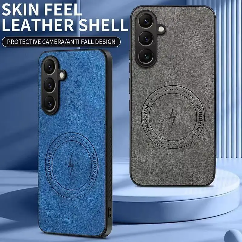 Case For Samsung Galaxy S26 FE Luxury Magnetic Side Anti-slip Strip Nappa Texture Leather Cover Shockproof For MagSafe Funda