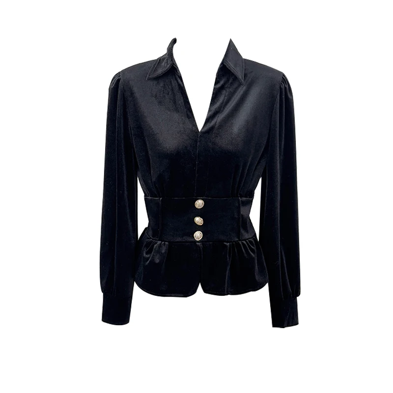 Temperament V-ausschnitt Langarm Samt Hemd für Frauen Mode Falten Design Einfarbig Vielseitige Bluse Französisch Retro Casual Tops