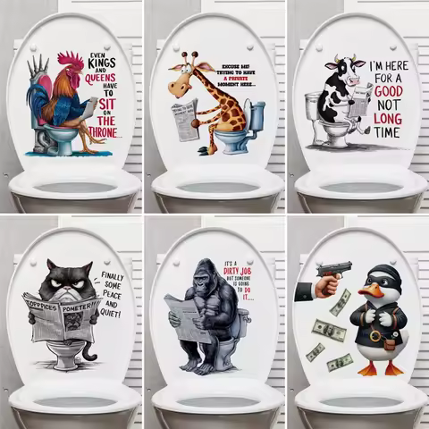 Funny Animals Reading Newspapers Toilet Stickers Giraffe Cow Cat Duck Pattern Waterproof Bathroom Decal Creative Home Decoration