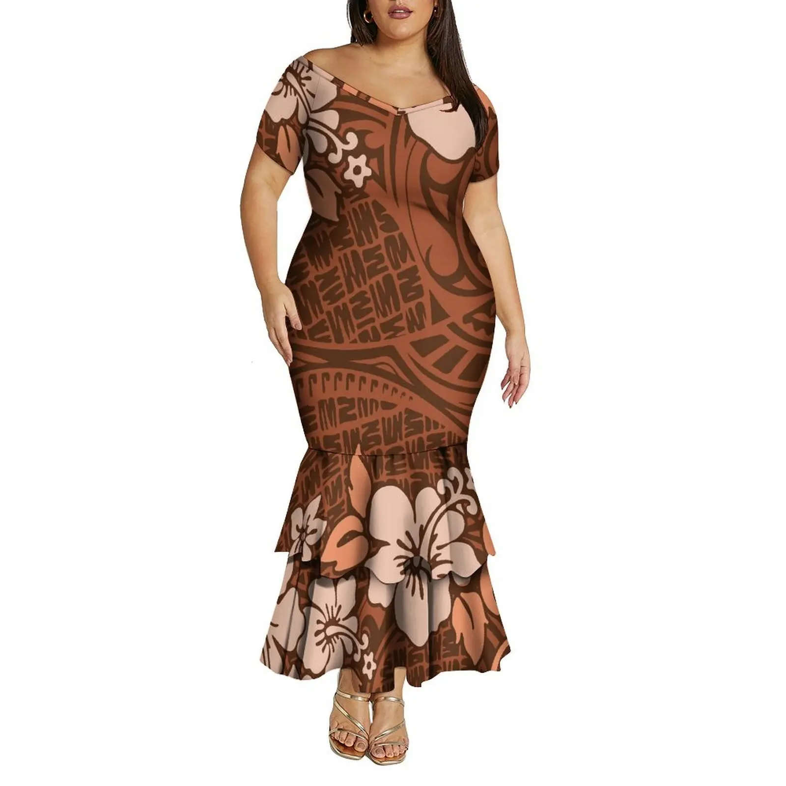 Vestido feminino de verão com decote em v, ombro de fora, camada dupla, rabo de peixe, polinésia, vestido de emagrecimento com padrão personalizado