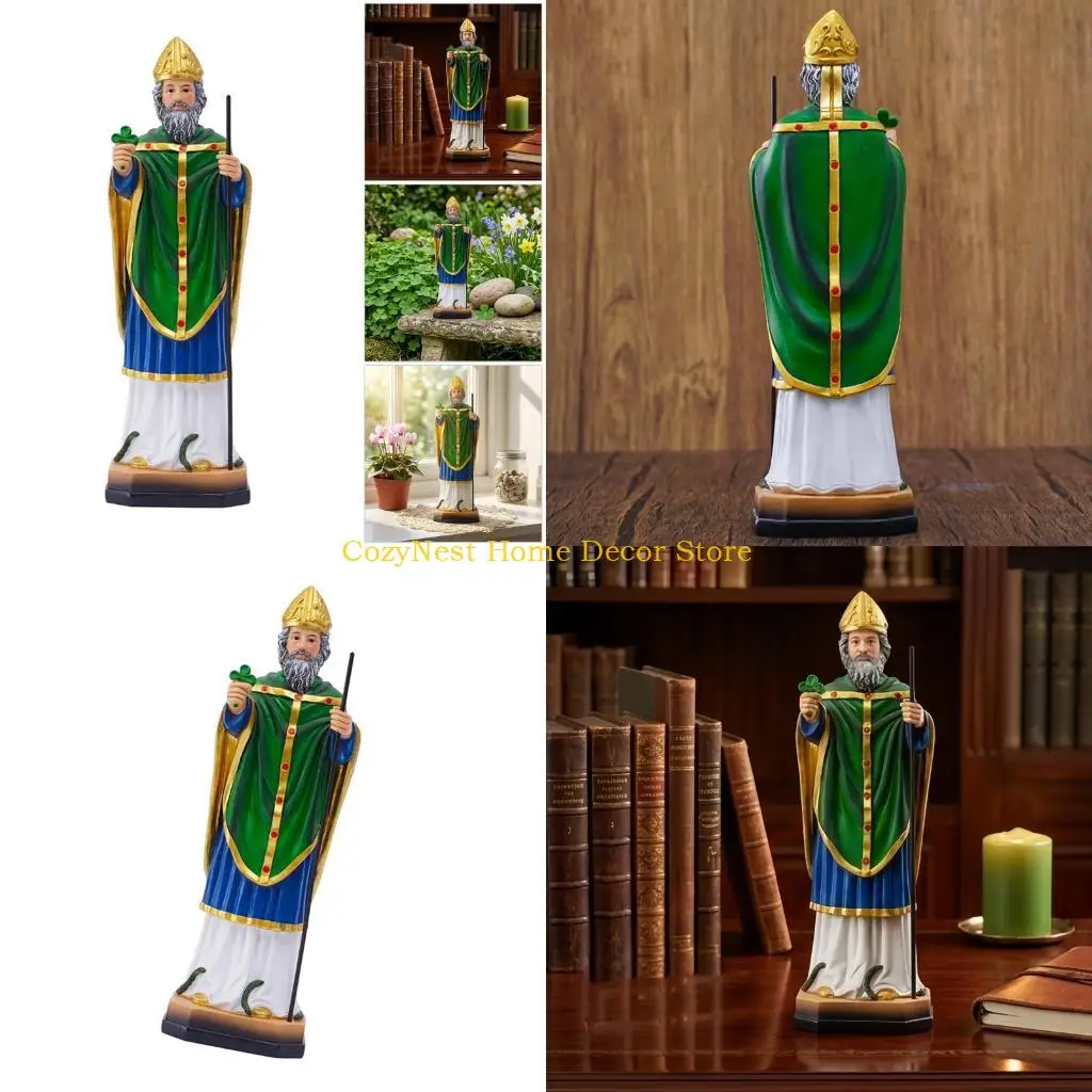 92MF Home Altar Bishop Figure, 21.5 Green Robe Piece with Staff for Prayer Room Shelf Styling, Church Corner Display, and Irish