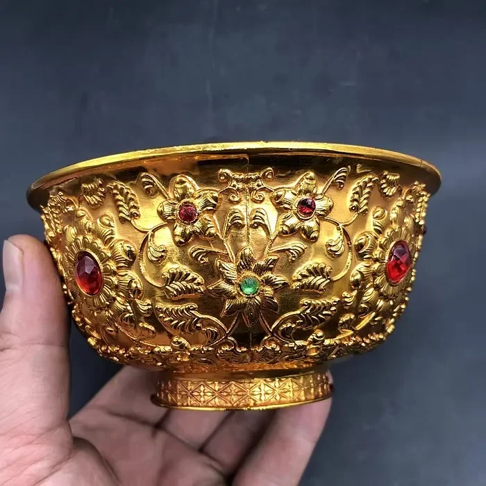 Copper Gilt Gem Bowl Qianlong Year Retro Court Royal Carved Gold Inlaid Jewel Golden Bowl Ornaments