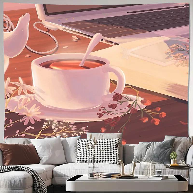 Floral Coffee Tapestry Wall Hanging Aesthetic Room Decor Vintage Botanical Art Home Textile Couch Cover Dorm Decor Gift