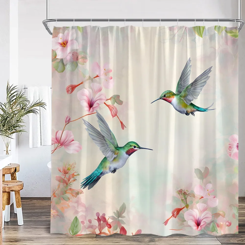 Bird Floral Shower Curtain Watercolor Hummingbird Flower Spring Summer Bathtub Curtain with Hook Modern Home Decor for Bathroom