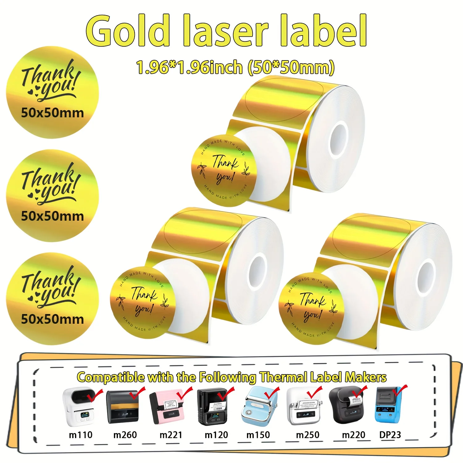 Holographic Thermal Transfer Labels - Golden Glossy Self-Adhesive Stickers with Holographic Effect, Compatible with M110