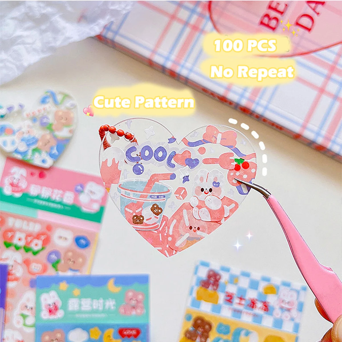 10-200Pcs Kawaii Handbook Stickers Cartoon Collage Laser Sticker DIY Decorative Scrapbooking Journals Stationery School Supplies