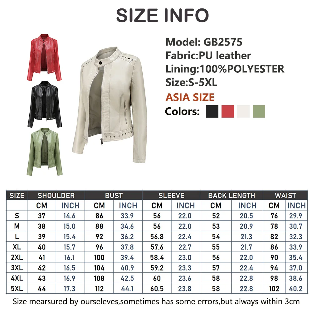 Manteau en cuir riveté pour femme avec col montant, veste décontractée, vêtements de moto, haut de moto à fermeture éclair, 5XL