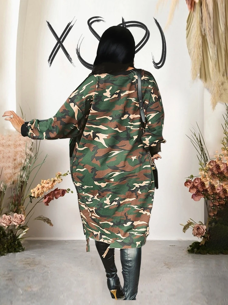 Chic and Elegant Woman Loose Dress Hollow Out Streetwear Long T-shirt Dress Large Camouflage Print Lady Casual Dresses Plus Size