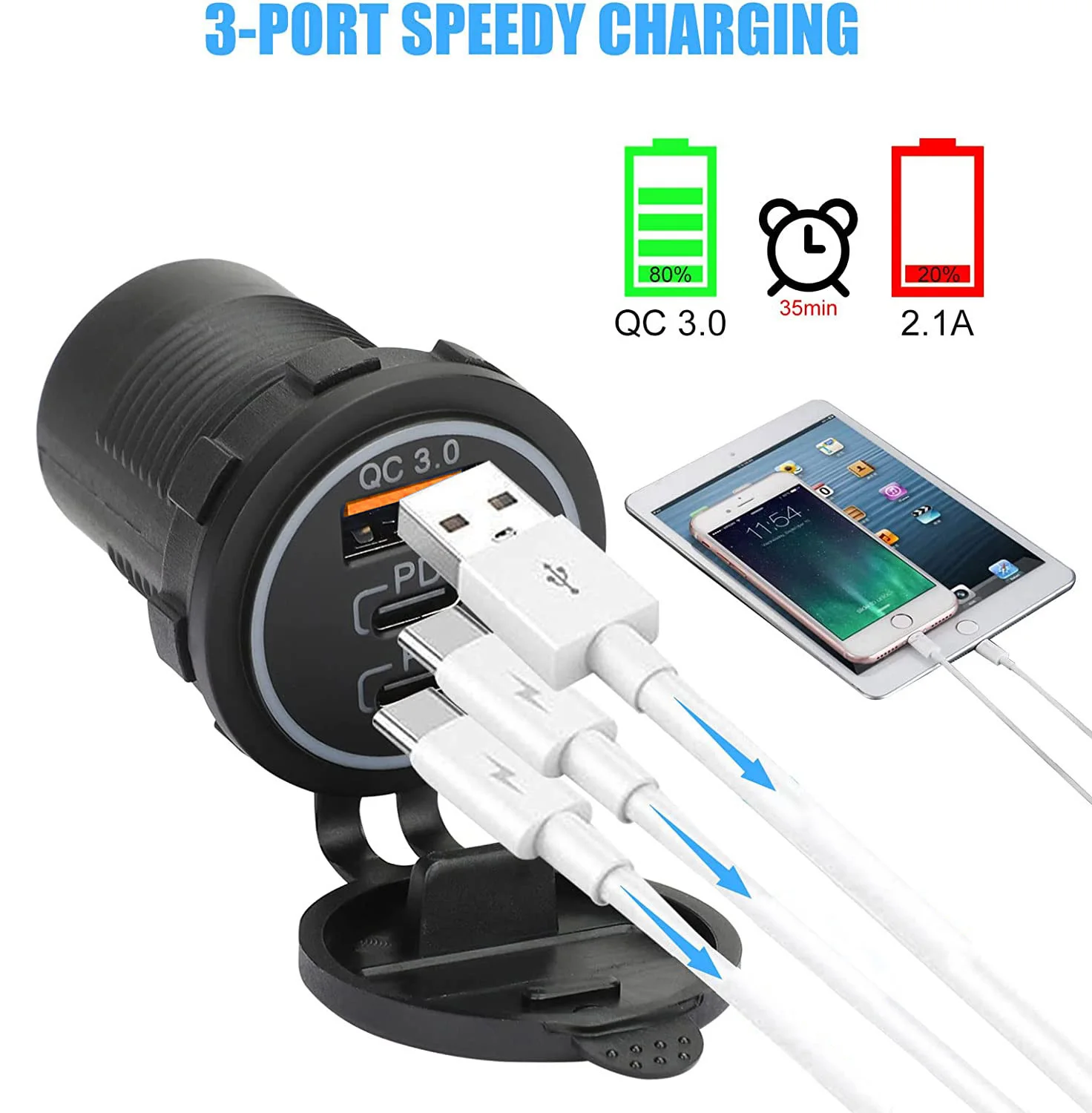 12V USB Car Charger Socket Dual 30W PD USB-C and 18W QC3.0 Port Car Charger Accessories for Car RV Boat Marine Truck Motorcycle