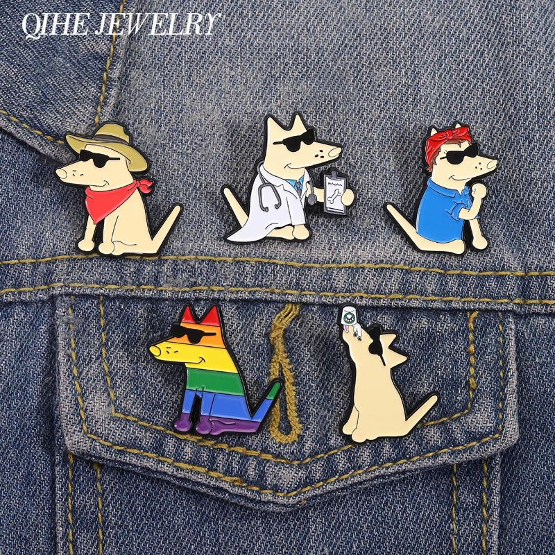 Teddy Der Hund Brosche Emaille Pins Cartoon Niedliche Regenbogen Sonnenbrille Arzt Hund Metall Broschen Revers Abzeichen Schmuck Fan Freunde Geschenke