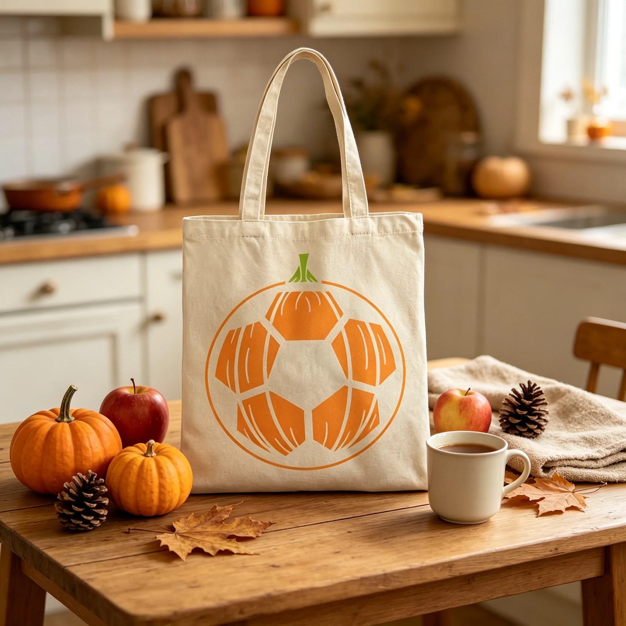 Fall Autumn Canvas Tote Bag Pumpkin Soccer 2D Print Women Casual Shoulder Bag Halloween Reusable Grocery Shopping Tote