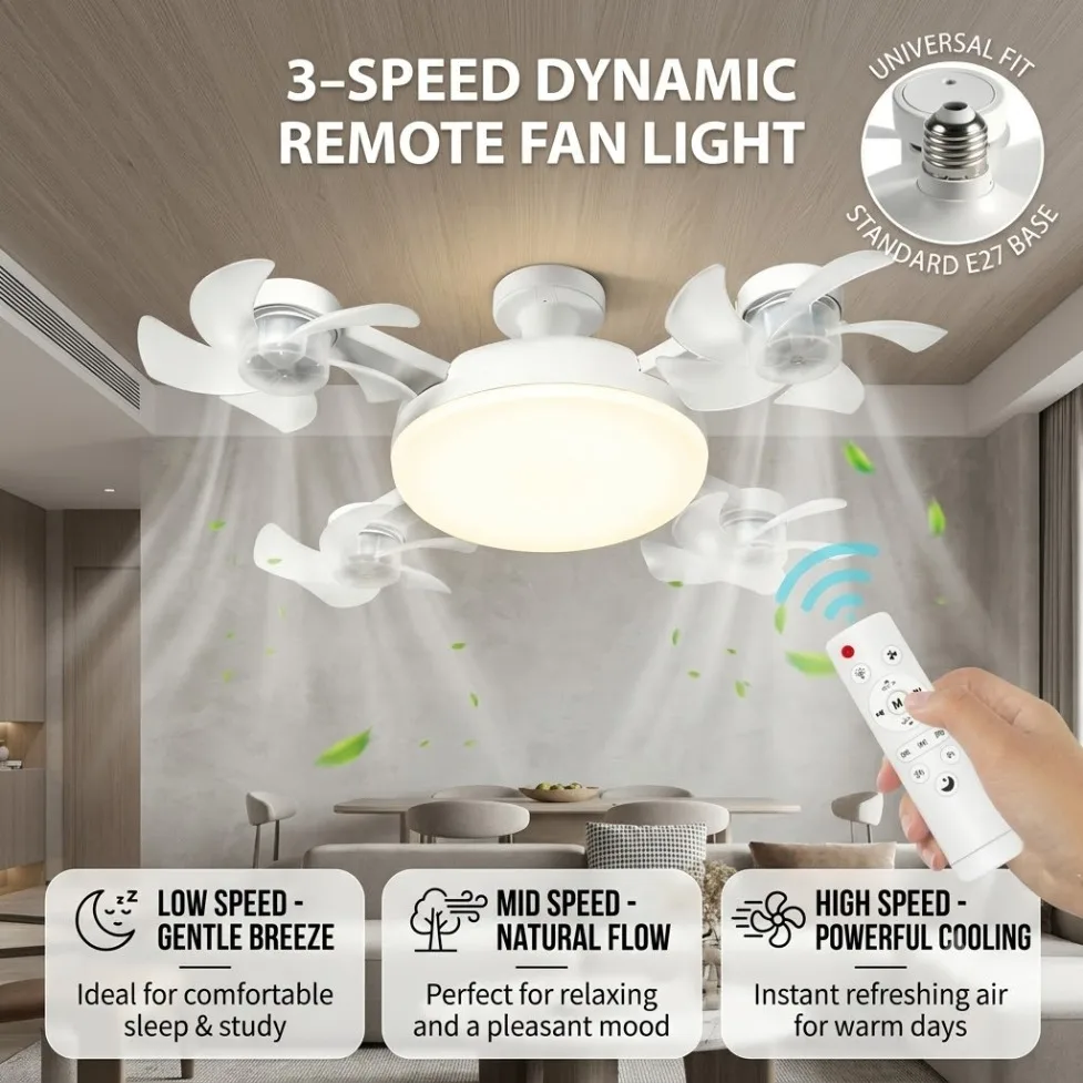 Ventilador de teto com lâmpada LED 3/4 Heads Drone Style E27 2 em 1 AC85-265V com três cores e controle remoto para casa e restaurante