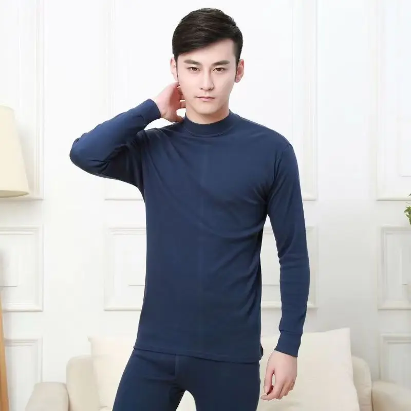 2022 new autumn winter Men\'s long johns high collar Cotton Thermal underwear pajamas 2 pcs sets tops and pants warm comfortable