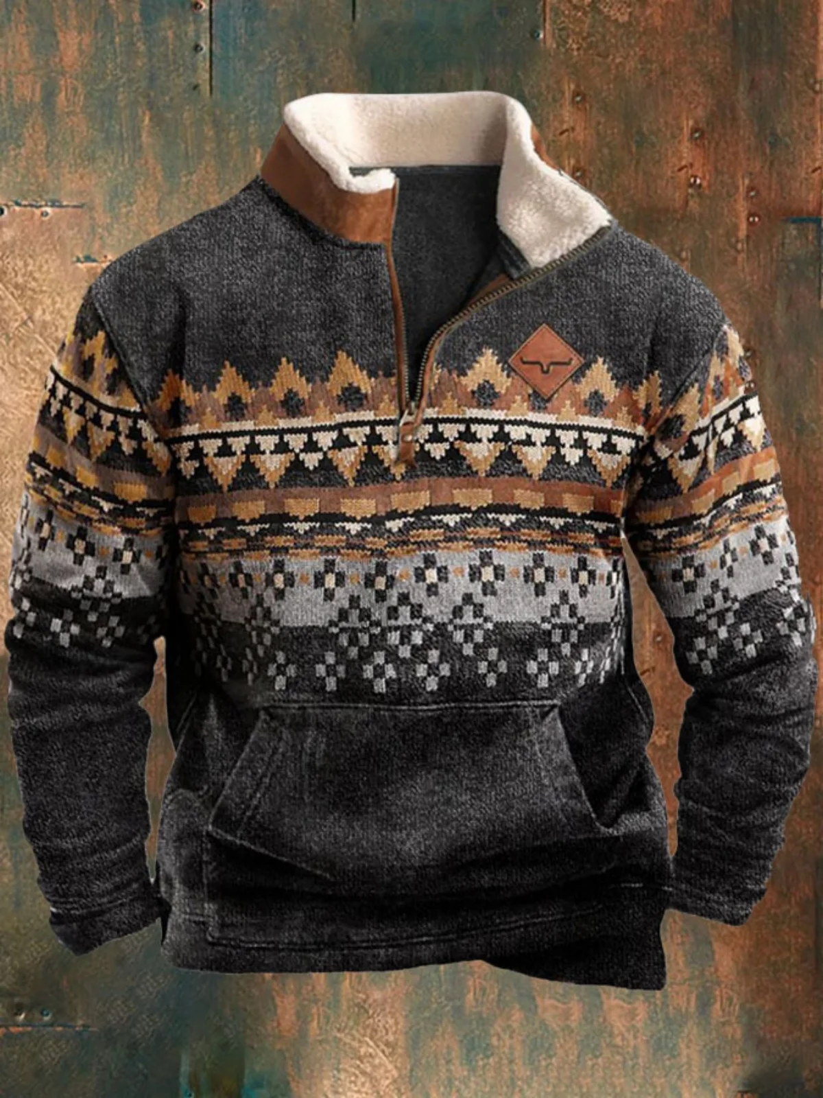 Abrigo estampado para hombre, moderno con cuello largo y media cremallera, chaqueta informal, adecuado para otoño e invierno.