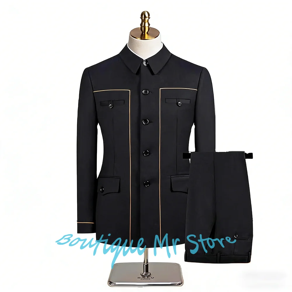 

Мужской костюм-двойка с воротником-стойкой, однобортный, с золотой окантовкой, в китайском стиле, для свадеб и торжеств