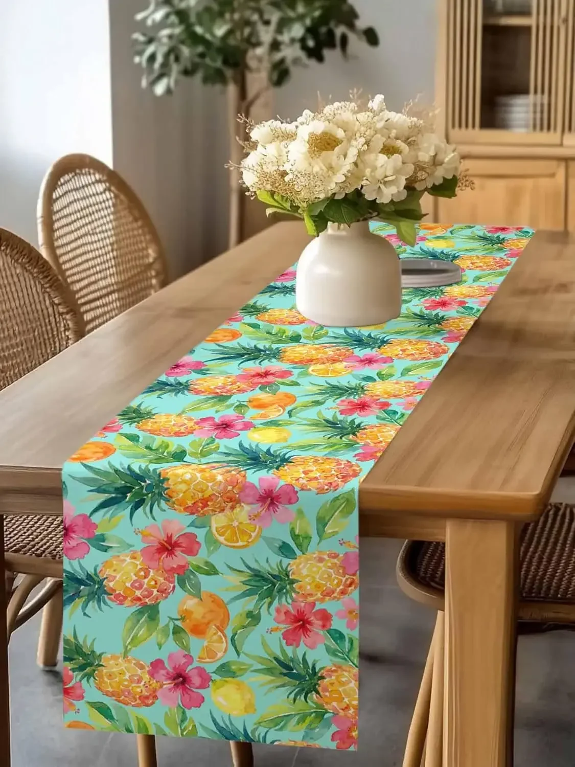 1Pc Tropical Pineapple Hibiscus Table Runner Turquoise Fruit Floral Print Table Cover For Dining Kitchen Party Decoration Tablet