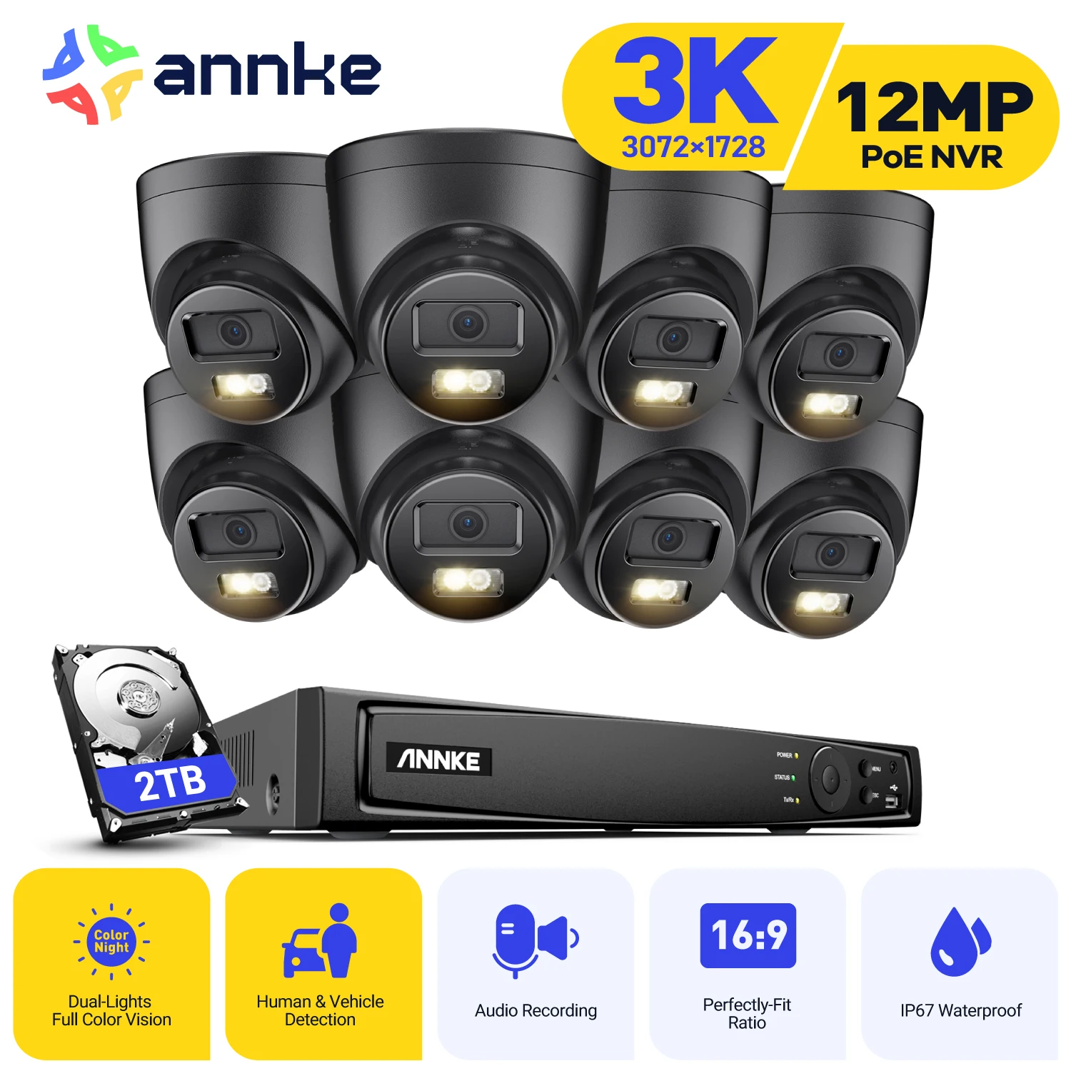 

ANNKE Network POE Security Camera System Smart Dual Light H.265+ Waterproof Motion Detection 12 MP NVR CCTV Surveillance Kit