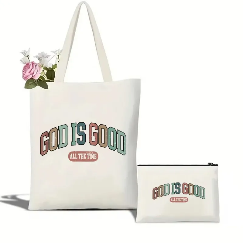

Large Durable Shopping and Cosmetic Carriers Eco-Friendly Shoulder Handbags for Women God Is Good All The Time Canvas Tote Bag