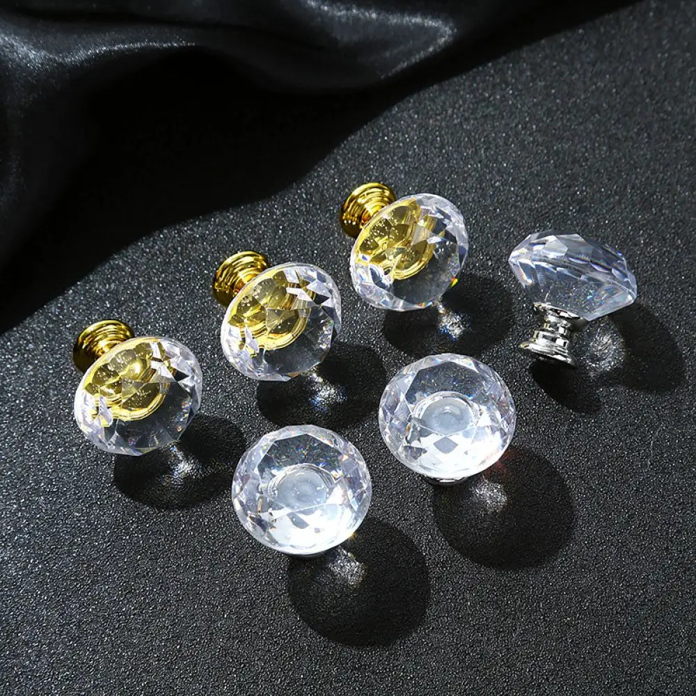 Decorative Round Crystal Knob Luxury Acrylic Cabinet Handle Modern Drawer Pull Gold Silver Finish For Furniture Door