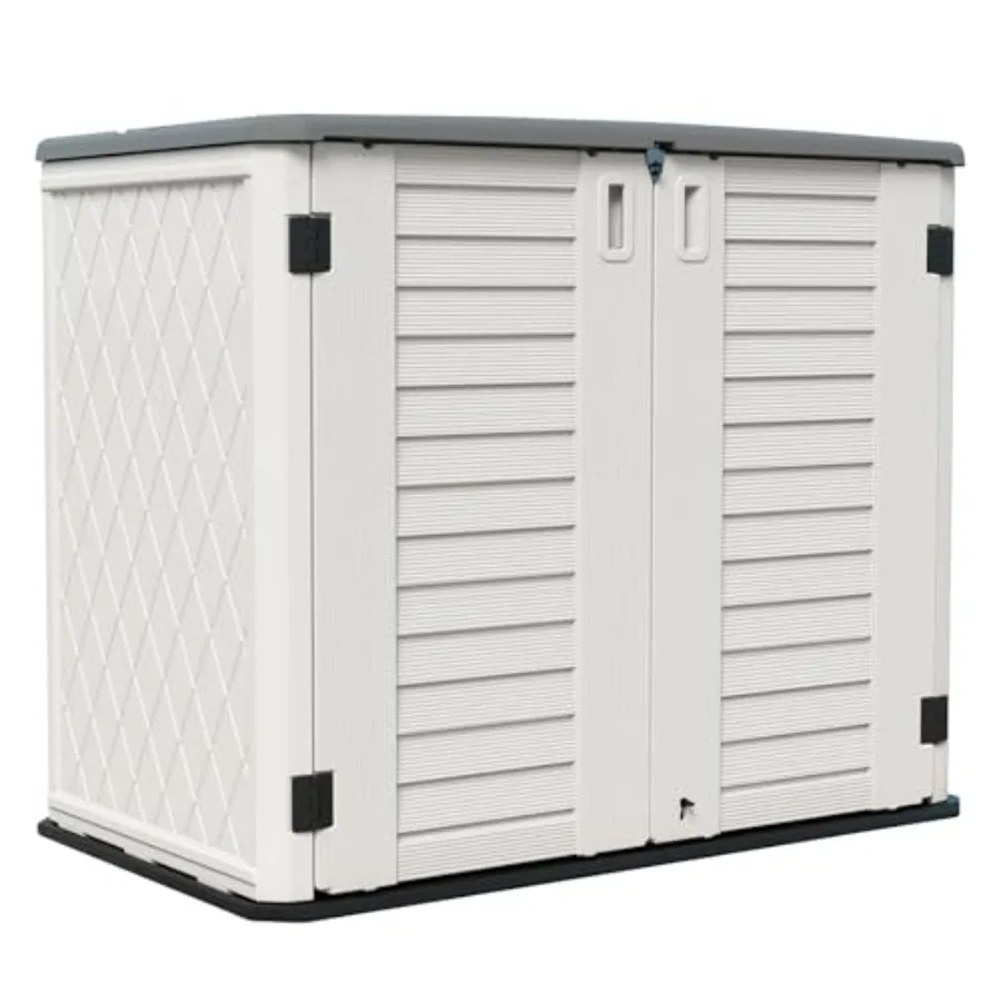 Backyard and patio storage shed: weather-resistant white horizontal cabinet for lawnmower and patio accessories, 26 cu.ft large