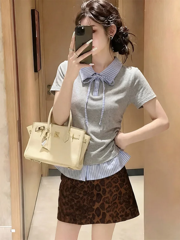 High School Student Striped Short Sleeve  Shirt T-Shirt Women Summer College Style Slim Fit Shoulder High Short Top