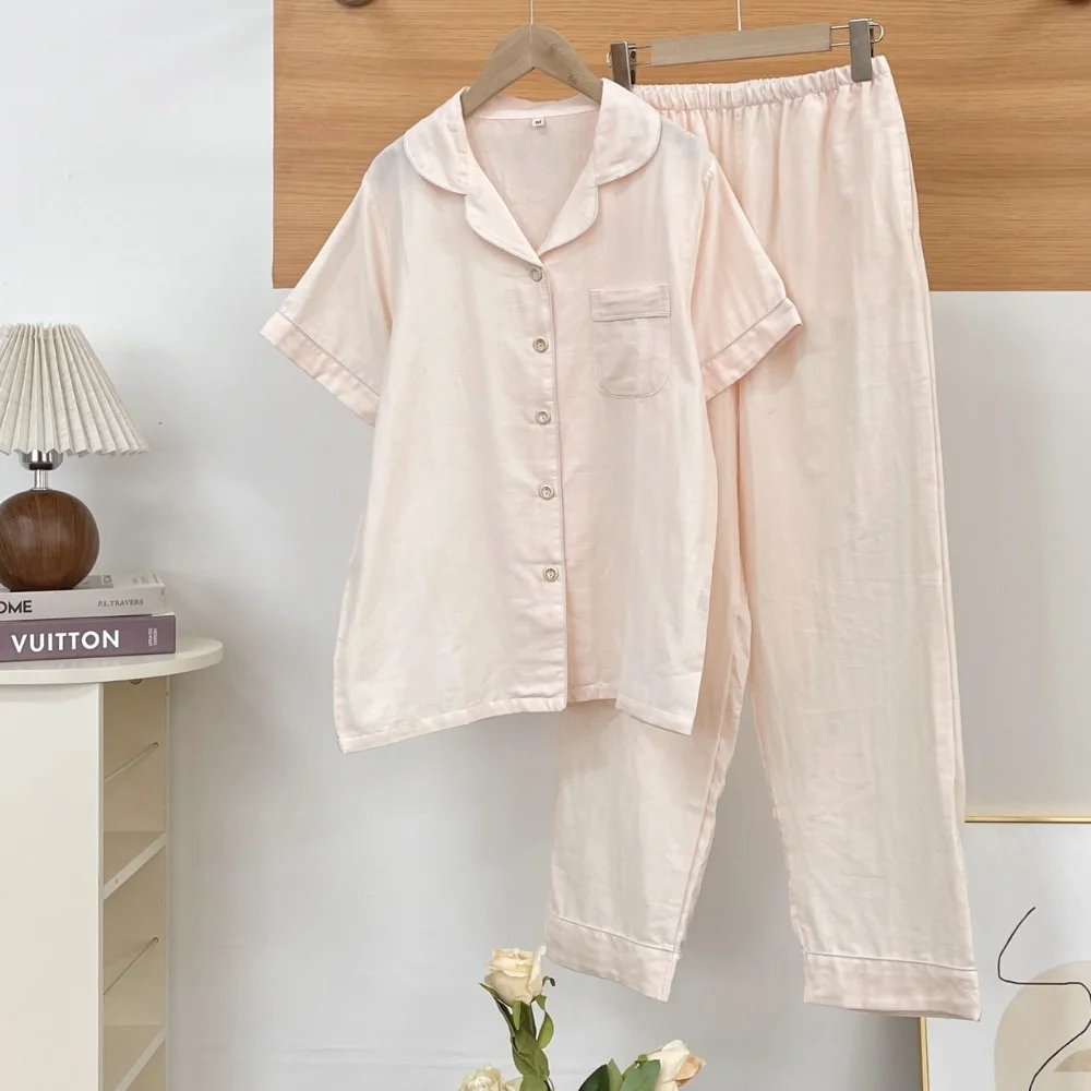 

Тонкая женская пижама из чистого хлопка, комплект из двух предметов, с коротким рукавом, летняя одежда для сна