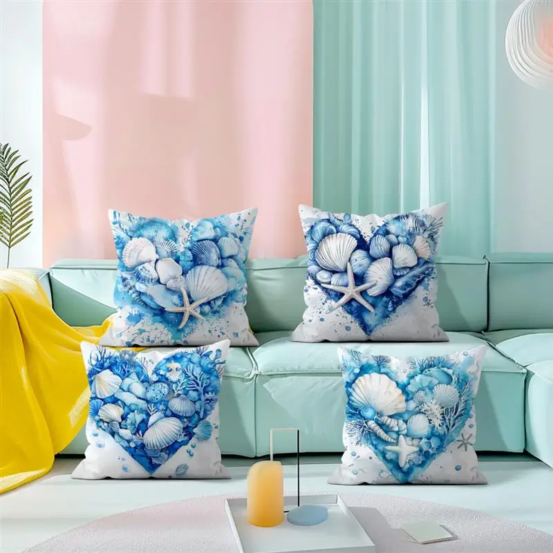 Seashells and Starfish Heart-Shaped Double-sided Printed pillow cover Short plush Suitable living room sofas throw cushion cover