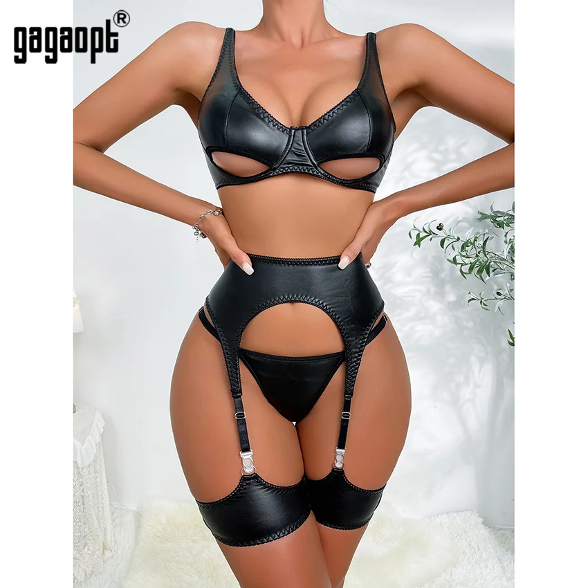 

Gagaopt Fetish Pvc Lingerie Sissy Cup Out Bra Leather PU Sensual Underwear Uncensored Latex Push Up Exotic Outfits With Garter