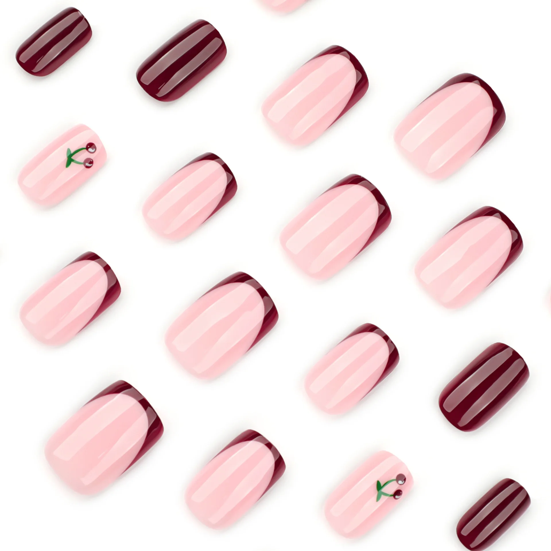 24pcs False Nails French Wine Red Simple Short Square Nails Cherry-shaped Press-on Full-coverage Nail Stickers Suitable for Girl
