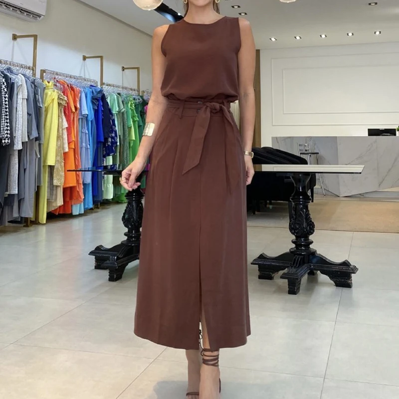 

Ladies Elegant Sleeveless O-Neck Blouse&Long Skirts Suit 2025 Solid Color Lace-up 2Pcs Temperament Outfits Women Slit Office Set