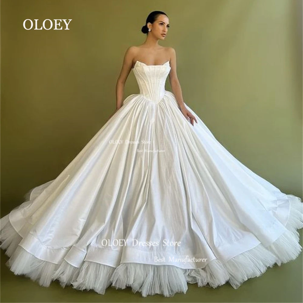 OLOEY Strapless White Satin Long Wedding Dress Tulle Hem Sleeveless Bridal Gown Princess Prom Gowns Zipper Back Custom Made