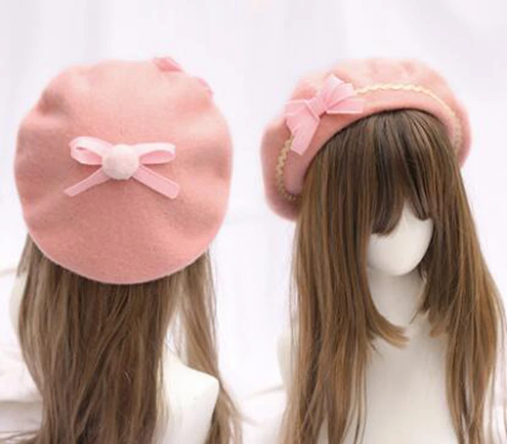 Niedliche Lolita-Baskenmütze für Damen, lässige Mode, koreanische Wolle, Schleife – Detail 4