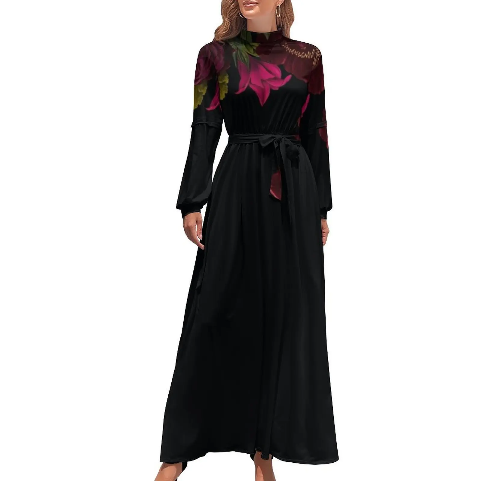 

Antique dark red roses and other flowers on black Long Dress loose women's dress long sleeve dresses