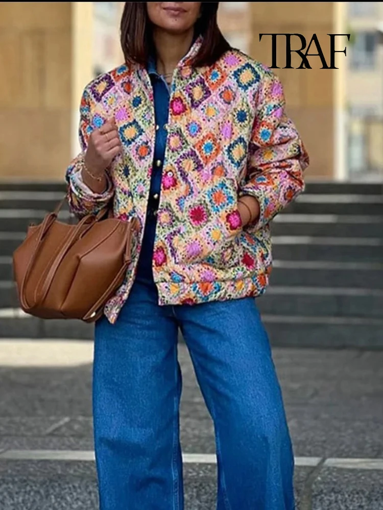 TRAF Women\'s Fashion Floral Printed Cotton Jacket Retro Standing Collar Long Sleeve Padded Coat Ethnic Style Warm Quilted Jacket