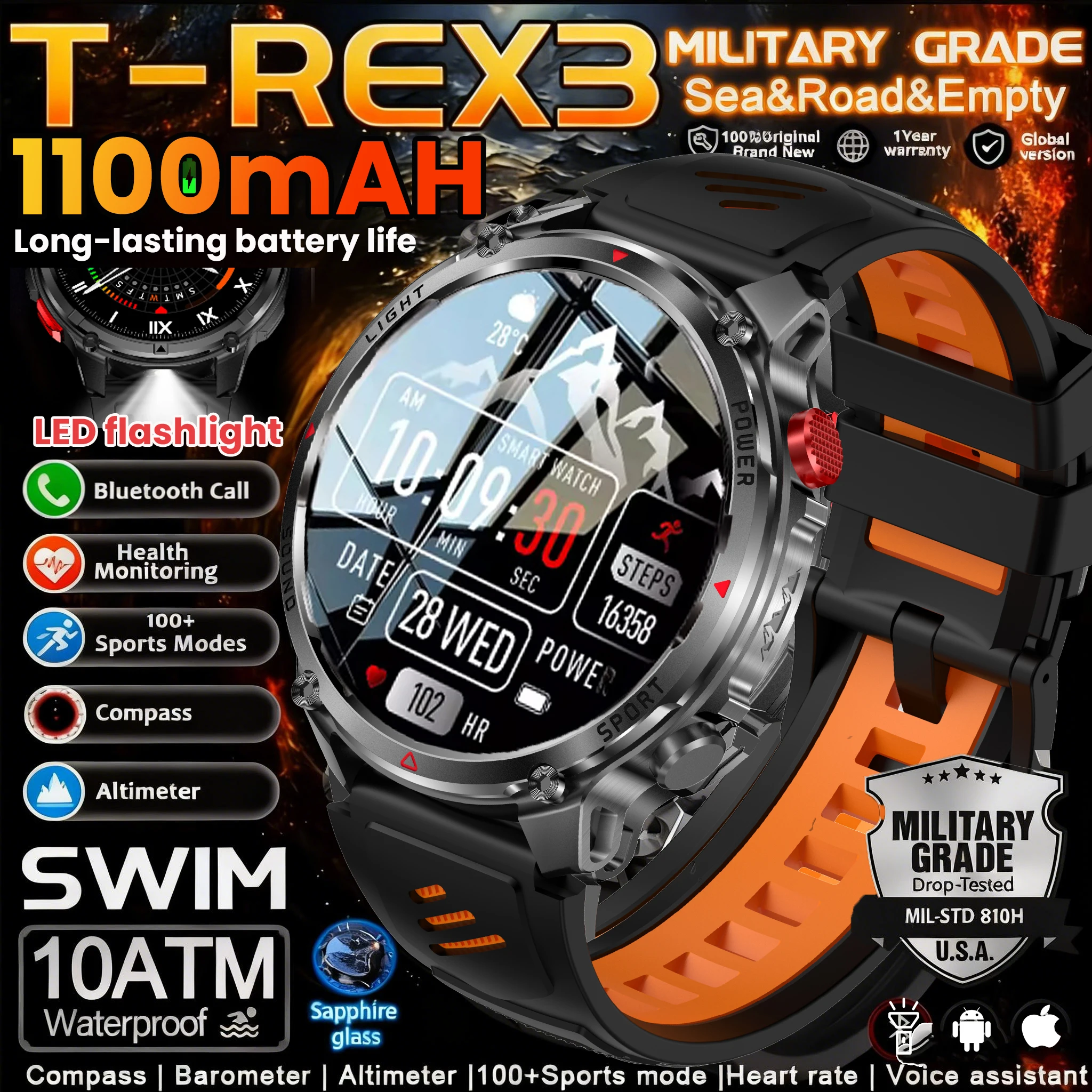 

2026 New T-Rex3 Ultra 1100Mah Military Smart Watch Men 1.7"AMOLED GPS Path 5ATM Waterproof Compass LED Flashlight Smartwatch iOS