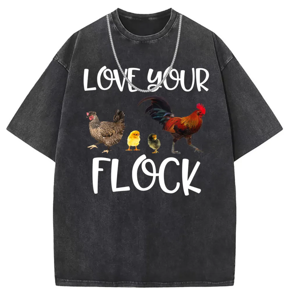 Love Your Flock Funny Chickens Faddish T Shirt Washed Retro New Sweatshirts Classic Long Sleeve Tee Shirt Men