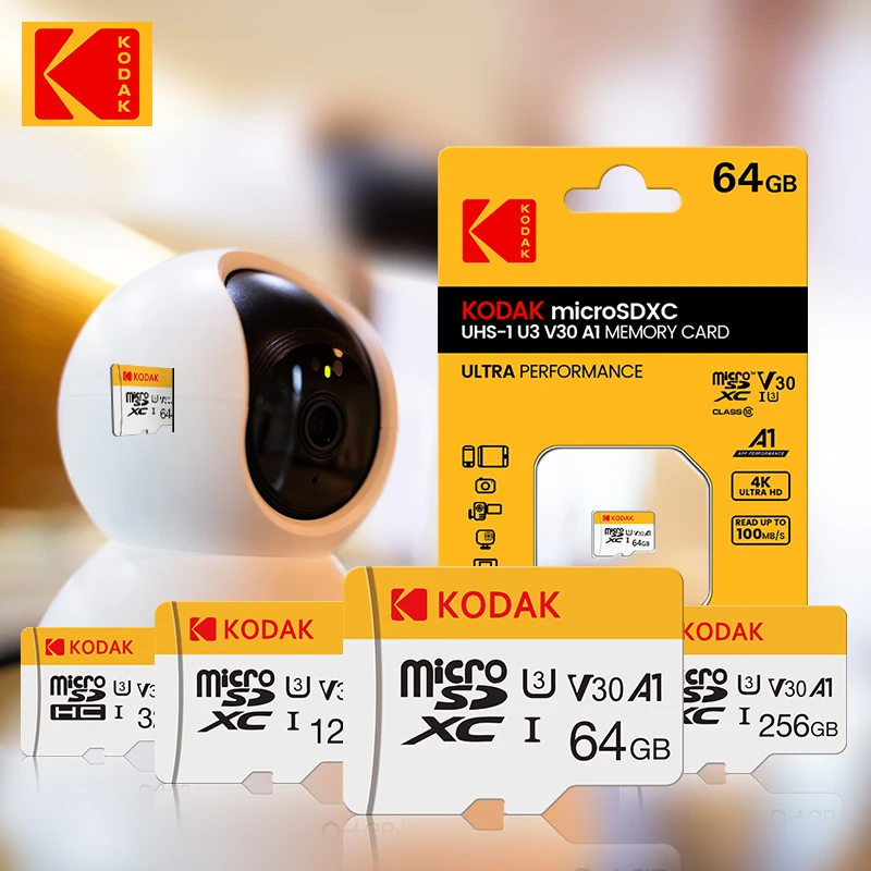 Kodak Micro SD การ์ด64GB 32GB คลาส10แฟลชการ์ดความจำ128GB 256GB Mini TF สูงถึง98เมกะไบต์/วินาทีสำหรับกล้องสมาร์ทโฟน